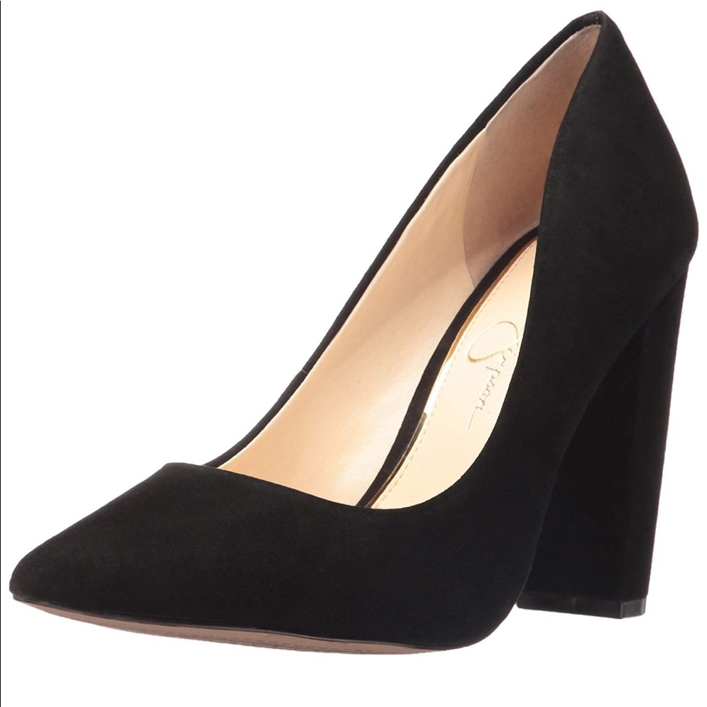 Black Suede Like Mid Block Heel Pointed Toe Pumps